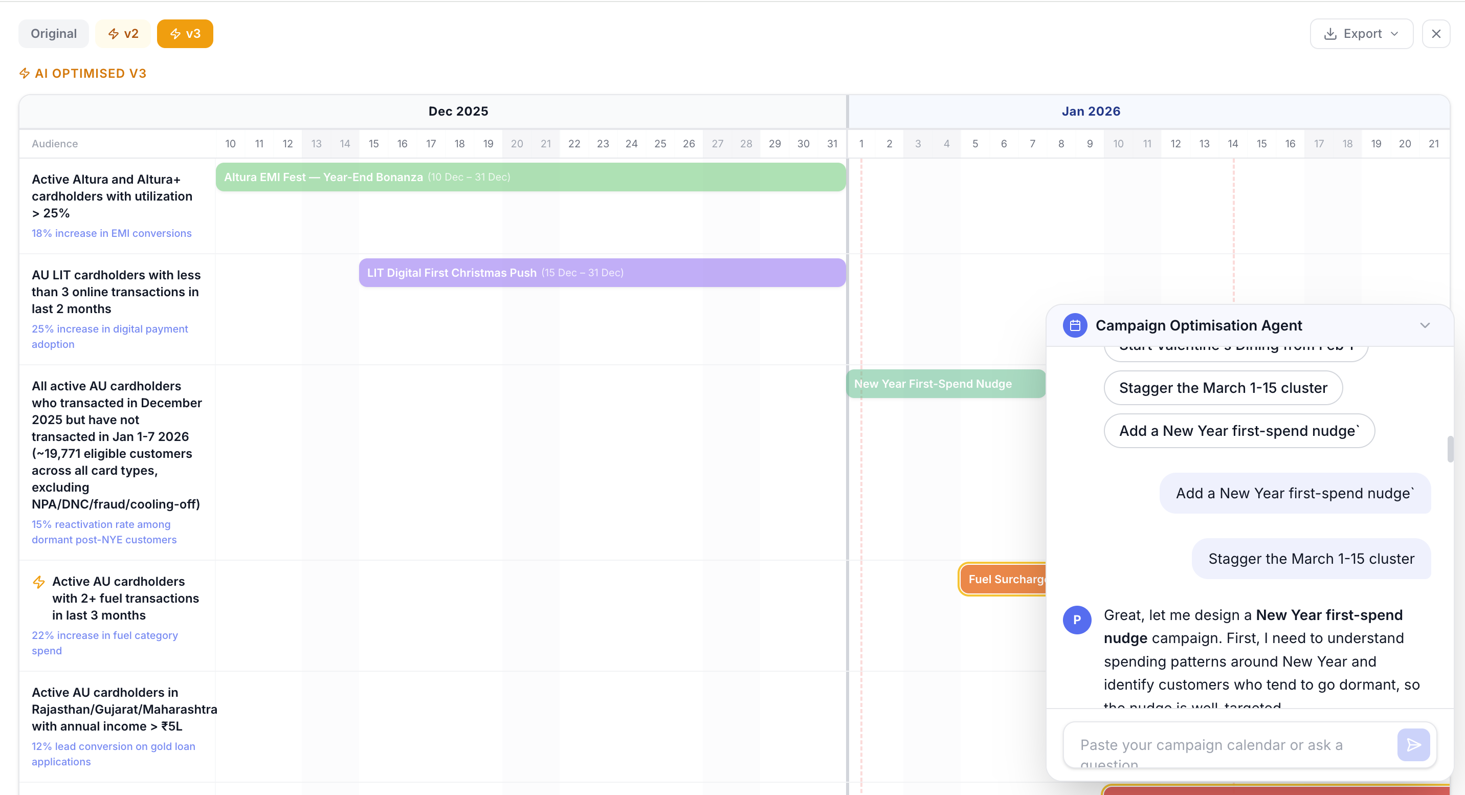 Campaign Optimisation Agent — Gantt-style campaign calendar with AI suggestions