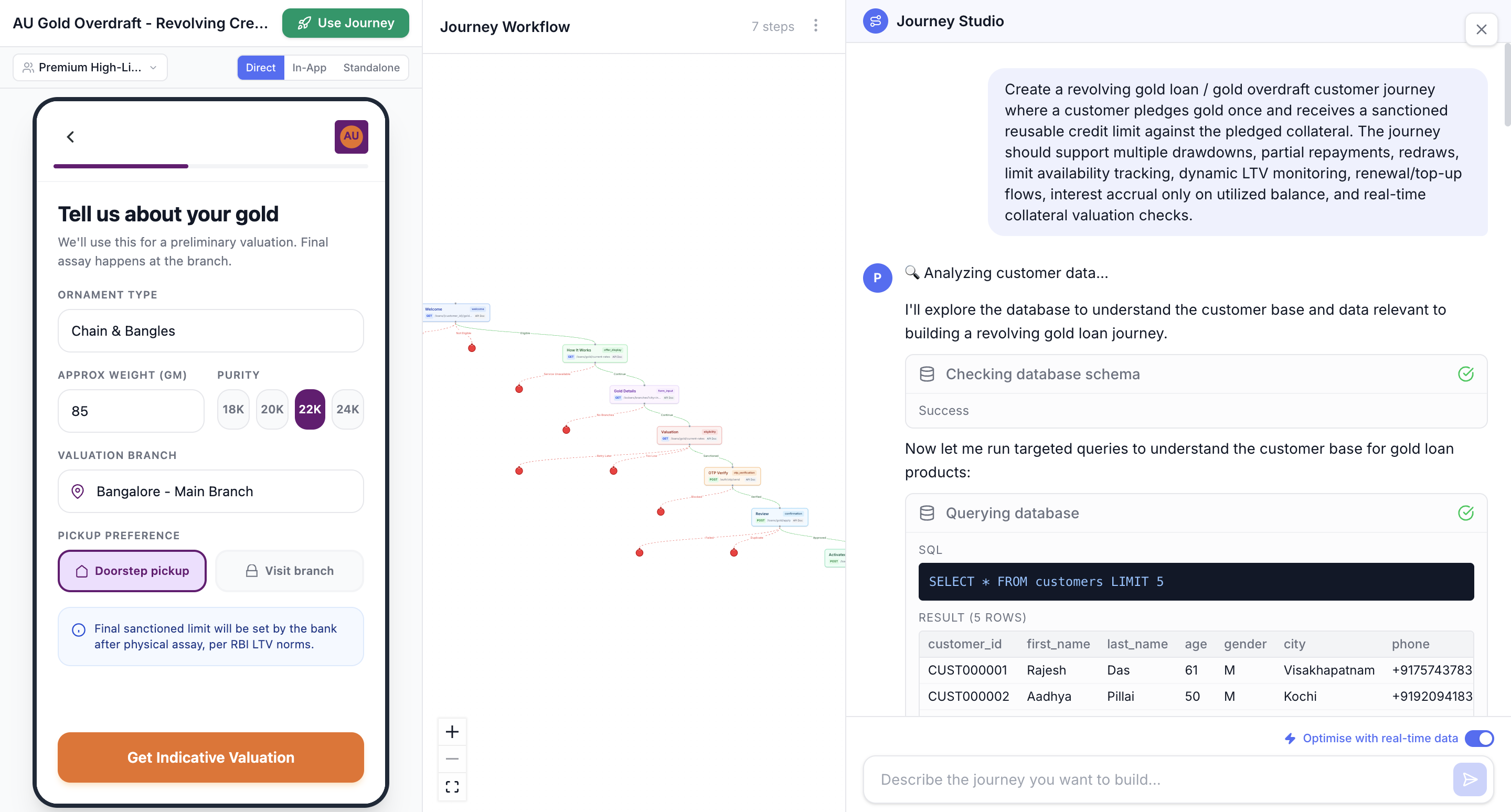 Journey Studio — gold overdraft journey with workflow and mobile preview