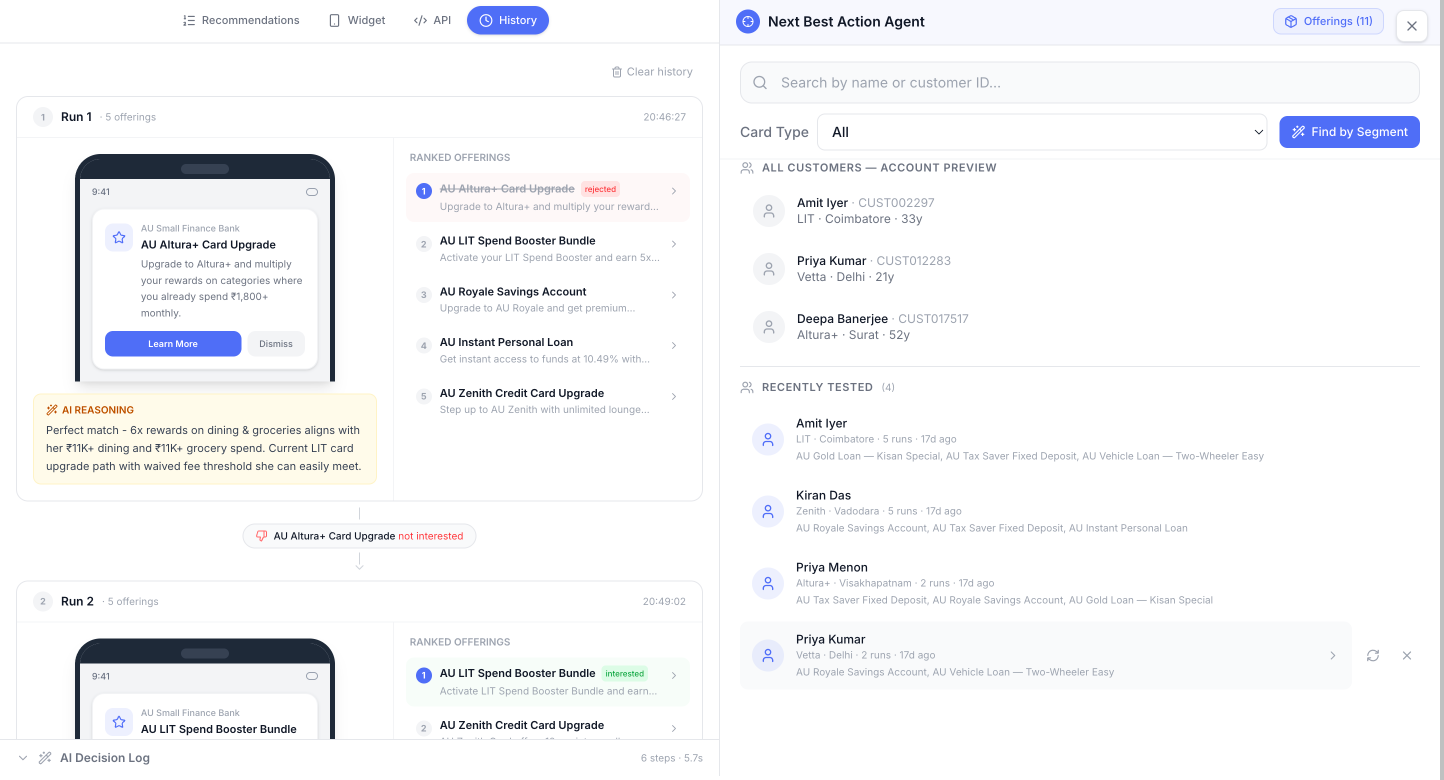 Next Best Action Agent — ranked offerings with AI reasoning and mobile preview
